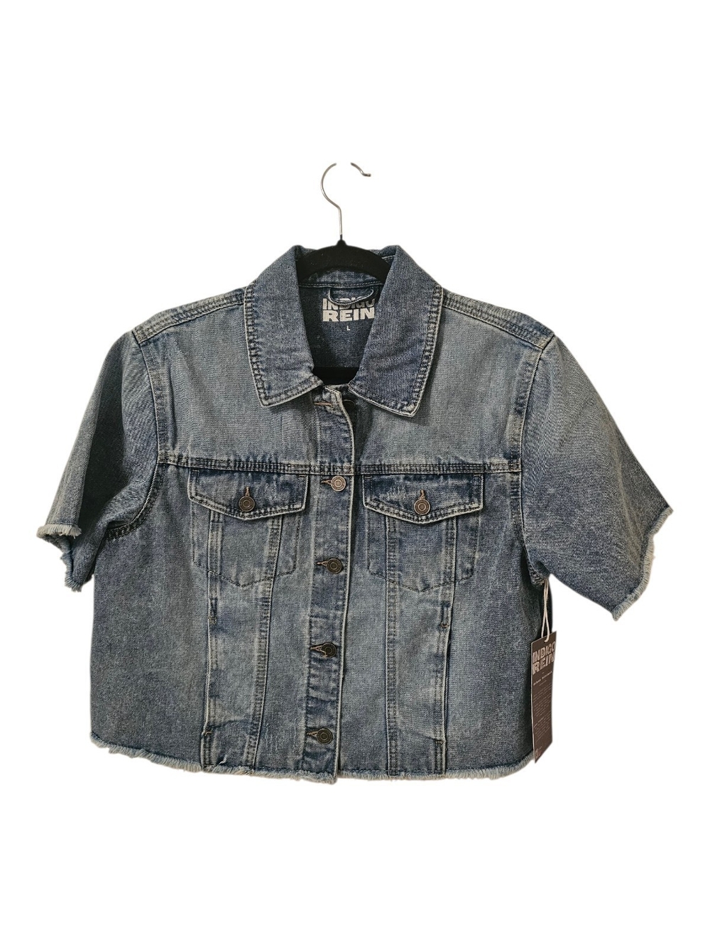 Blue Indigo Rein Women's Short-Sleeve Cropped Denim Jacket